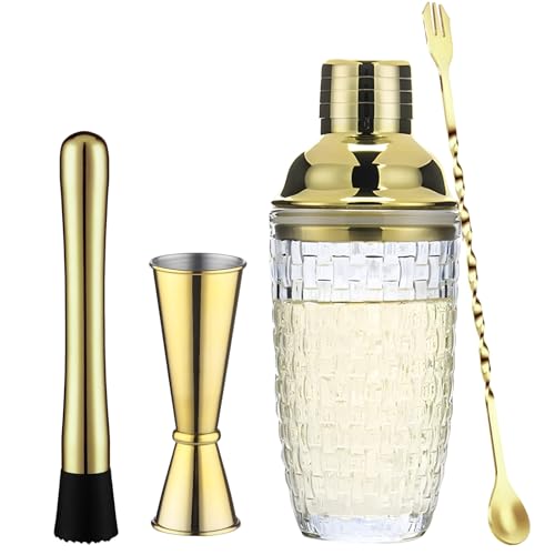 Bosreroy 4 Pcs Cocktail Set with Gold Woven Glass Shaker, Includes Stirrer, Ice Crasher, Measuring Cup, 400Ml, Pattern