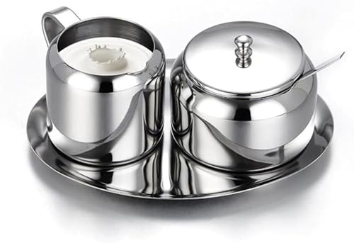junozya Set Argento, Latte e Zucchero, zuccheriera in Acciaio Inox, lattiera in Acciaio Inox, Piccola zuccheriera con Cucchiaio per la casa, la Cucina, l'hotel e Il Bar