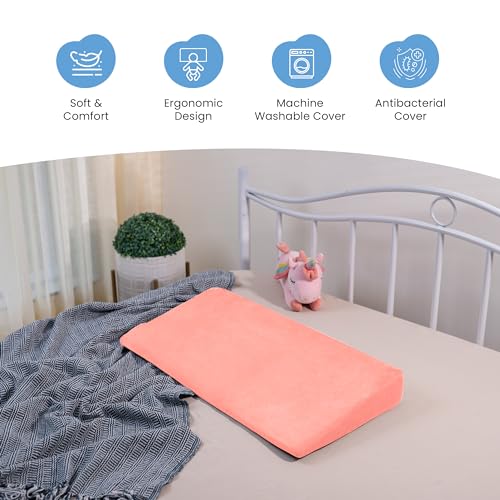 Image of Cherilo Full Size Elevated Wedge Pillow for Baby Crib & Mattress, Helps to Elevate Baby for Acid Reflux, Colic, GERD, Heat Burn & Vomiting | 28 inch x 14 inch x 3.5 inch | - with Removable Velvet Cover - Peach