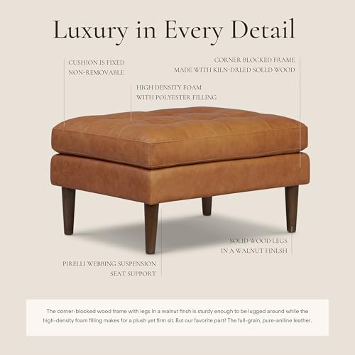 Image of Poly & BARK Napa Ottoman - Full-Grain Leather Upholstered Ottoman with Feather-Down Topper - Couch for Living Room - Vintage Italian Leather in Cognac Tan