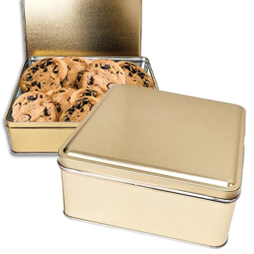 Zelica Premium Gold Cookie Tins (2 pack) Empty - Rectangle with a Lid, For Candy, Cake, Snacks or Nuts Container, size 6-1/8 X 6-1/8 X 2-5/8