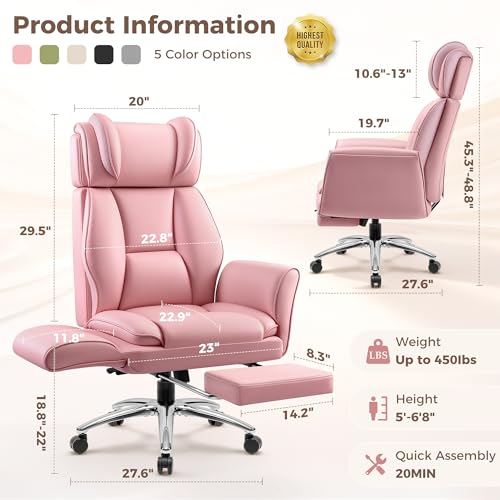 Image of Big and Tall Office Chair, Flip Armrests for Pets & Cross Legged Sitting, Ergonomic Leather Executive Desk Chair with Foot Rest, High-Back Reclining Computer Chair for Home Gaming, Peach Pink