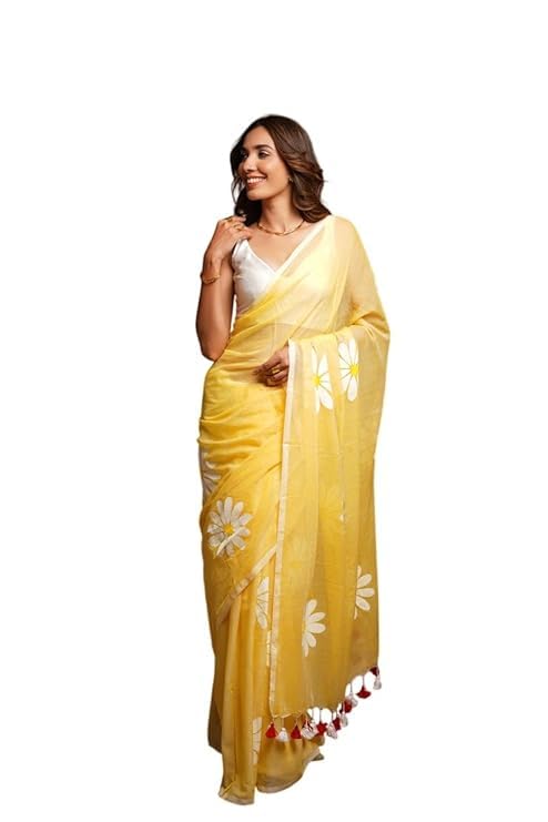 Rajeshwar Fashion (Women's Linen Cotton saree with digital floral print and latkan work | casual wear | Linen cotton | flower design | Unstitched blouse |Mengo
