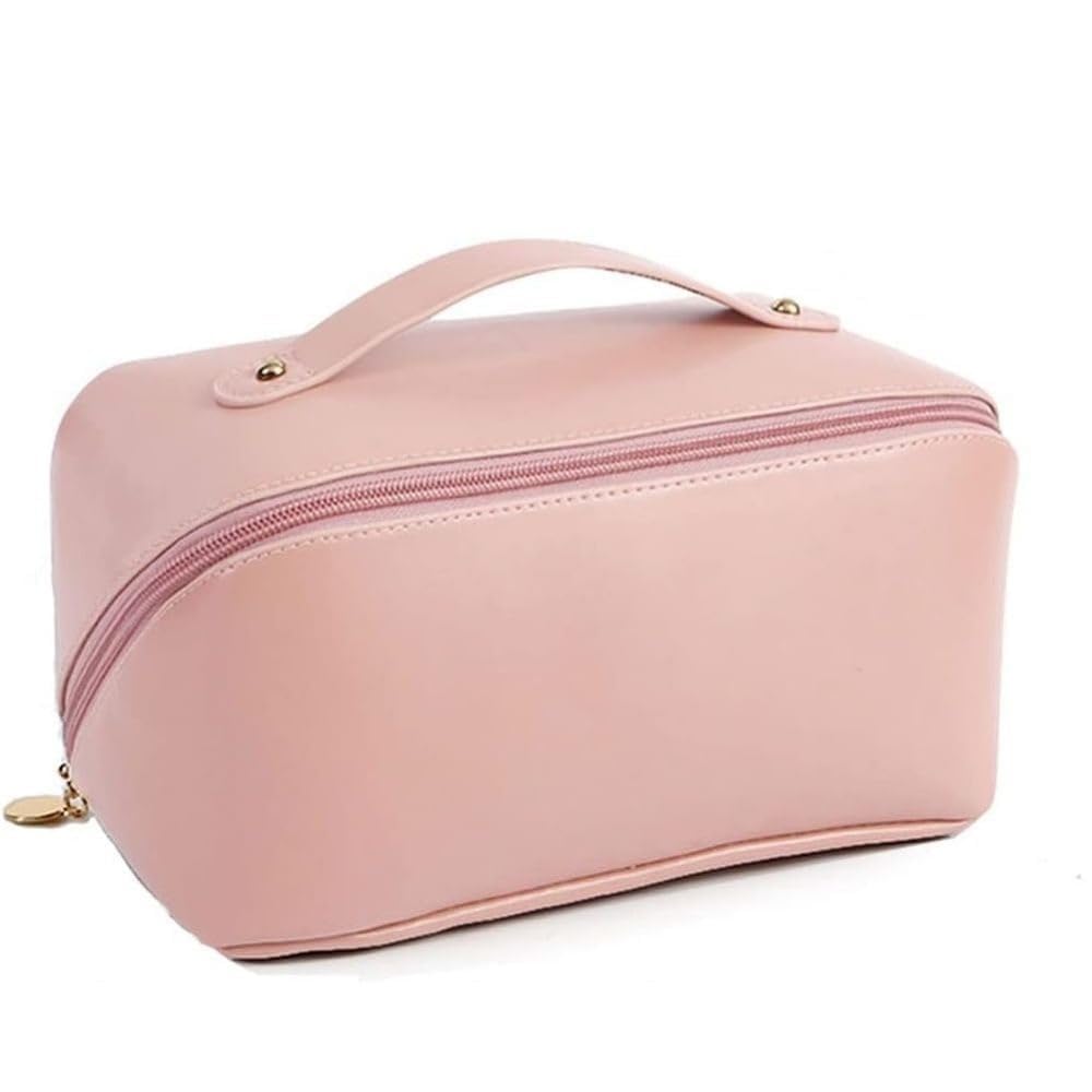 Large Capacity Travel Makeup Bag for Women, Waterproof PU Leather Cosmetic Organizer with Wide Opening, Dividers and Handle, Portable Open Flat Toiletry Pouch (Pink)-picture-25