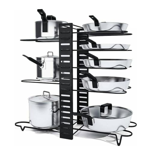 8 Tier Adjustable Pan Organiser for Cupboard: Pots and Pans Organiser Rack Height Adjustable Pan Stand Storage Multiple Use Modes Saucepan Stand for Kitchen Counter and Cabinet