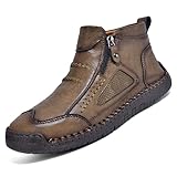 Men's Leather Handmade Comfortable High-Top Shoes Ankle Boots, Slip-On Orthopedic Leather Boots for Side Zip - Waterproof Non-Slip Outdoor Hiking Walking Sneakers (Brown,10.5)