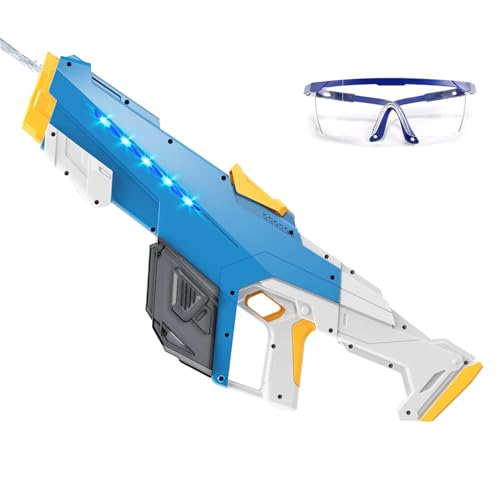 Pistola de Agua Eléctrica,Pistola de Agua de Largo Alcance con luz,Juguete de pulverización a Pilas con Tanque,para Verano Jardin Playa Piscinas Fiesta (Azul Amarillo)