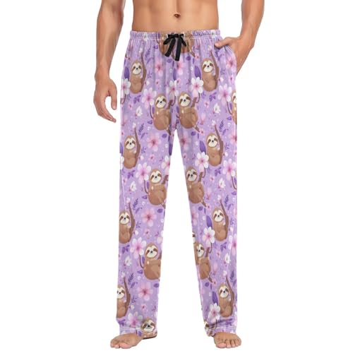 Men's Pajama Pants Purple Flowers Sloth Pajama Pants for Men PJs Bottoms Drawstring Pockets Sleep Lounge Pants S3
