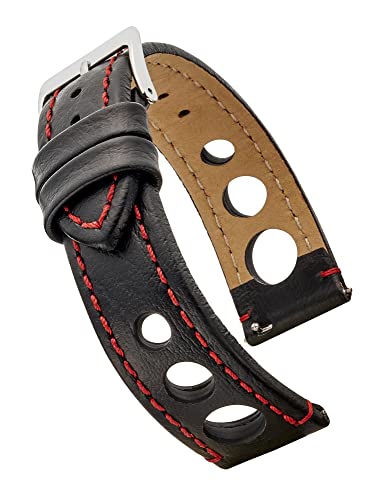 STUNNING SELECTION Hand made genuine full grain leather watch strap with quick release spring bars - Black/Red - 18mm