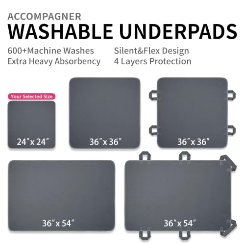 Image of Accompagner Incontinence Bed Pads Washable Waterproof, Ultra-Absorbent Reusable Underpads for Diaper Changing, Nursing, Bedridden, Adults, Seniors, Kids and Dogs (Dark Gray, 24 inchx24 inch(Pack of 6))