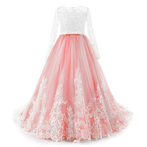 IWEMEK Girl Lace Embroidery Flower Long Sleeve Wedding Trailing Dress Princess Pageant Party Floor Length Communion Prom Gown4