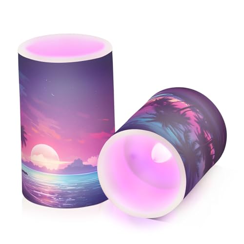 Image of Flickering Flameless Candles, Palm Tree Beach Tropical LED Candles with Remote Timer, Set of 2 Battery Operated Candle for Valentine Wedding Birthday