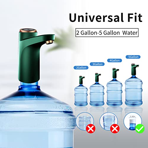 BIMVER Water Dispenser for 5 Gallon Bottle, 600ml Quantitative Water Pump,2 Colors Power Light,Portable USB Charging Bottle Pump,Multipurpose Dispenser for Home Camping for 2-5 Gallon, Green