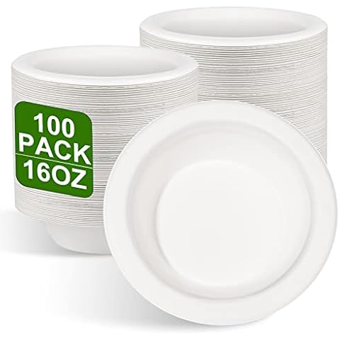 greensight Pack of 100 Paper Bowls Disposable Soup Bowls 470 ml Sugar Cane Disposable Tableware Soup Plates Disposable Soup Bowls Organic Party Round White Compostable Disposable Plates Deep Cover