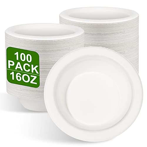 Greensight Lot de 100 Bols à Soupe Jetables en Carton - 470 ml - En Canne à Sucre - Assiettes Creuses - Pour Fête Bio - Ronds - Blancs - Compostables