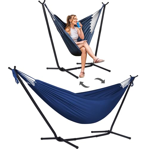 Image of SUNCREAT 2-in-1 Convertible Backyard Fabric Hammock with Stand, Dark Blue