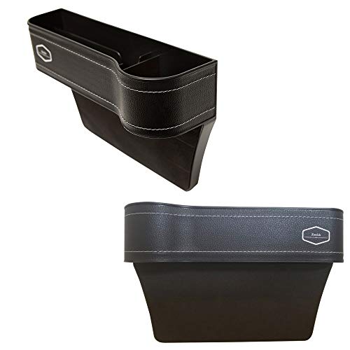 A/B Car seat Organizer, Gap Filler Organizer, Pocket seat Storage with Small Cup Holder for Cell Phone Keys Coins Wallet Black Pu Leather with White Stitching Comes with Free Hooks to Hang Your Bags
