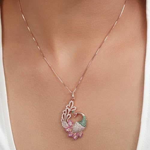 Image of ZAVYA 925 Sterling Silver Peacock CZ Rose Gold Plating Pendant Necklace | Gift for Women and Girls | With Certificate of Authenticity and 925 Hallmark