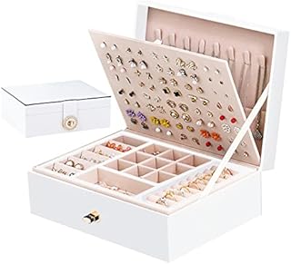 Jewellery Box Organizer for Women Girls Ninonly 2 Layers Large Jewellery Storage Box with Lock PU Leather Jewellery Case with Removable Tray for Necklace Earrings Rings Bracelets Storage White
