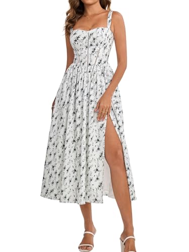 Image of KUTUMAI Floral Corset Midi Dress Flowy Slit Summer Spring Wedding Guest Dresses for Women Sundress with Pockets