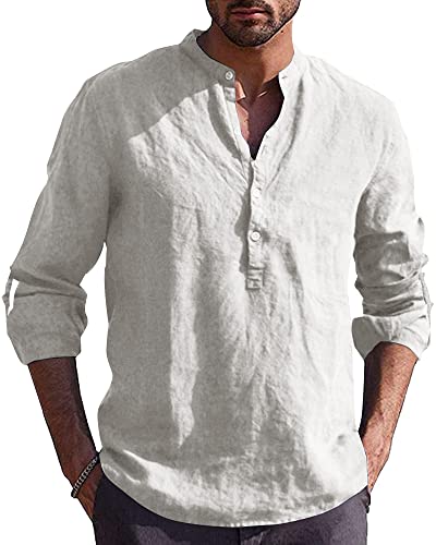 AUDATE Herren Freizeithemd Baumwoll Leinen Henley Shirts Hemd Langarm Strand Hemd Tops Weiß XL