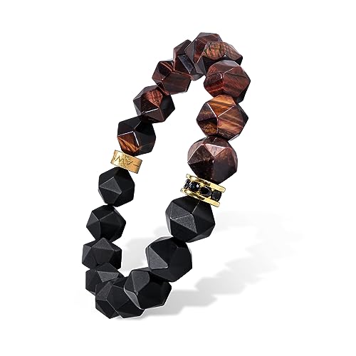 Beaded Bracelet for Men Tiger Eye Onyx Obsidian Natural Gemstones (10 mm) Premium Sterling Silver Centre Protection Charm Handmade Stretch Bracelet Gift for Men, 5.9''- 8''