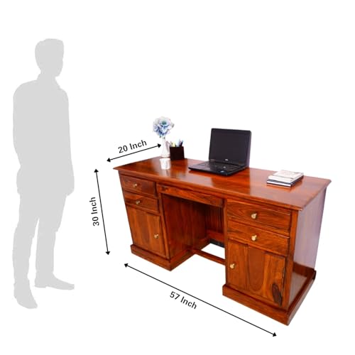 Image of Solid Sheesham Wood Office Desk with 4 Drawers & 2 Cabinets, Wooden Computer Table with Keyboard Tray & Footrest, Study Writing Desk for Home Office Furniture (Natural Finish Honey)