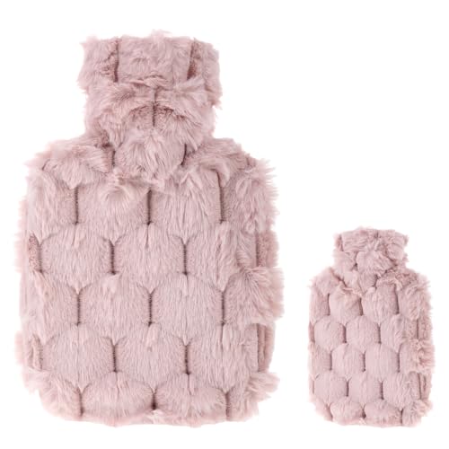 Hot Water Bottle 500ml Small Hot Water Bottle with Cover Warm Water Bag with Luxury Cosy Faux Fur Cover 2-in-1 Water Bag for Cold & Hot Compress Mini Hot-Water Bag for Women Seniors (Pink)