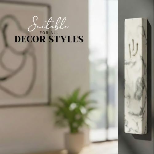 Image of SURI Mezuzah for Door - 5 Inch Marble Off-White Concrete Mezuzah Case with Non Kosher Scroll, Self-Stick Jewish Entry Design, Fits a 4 Inch Scroll, Gift Box Included