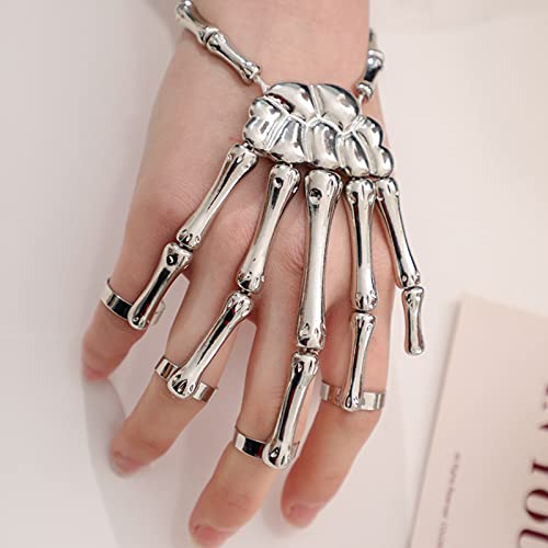 Taichell Skeleton Hand Bracelet Halloween Jewelry Decoration Skull Skeleton Hands With Snake Full Finger Rings For Women Men Punk Goth Bracelets Rings Jewelry Halloween Cosplay (Silver Style Set) #TOP3