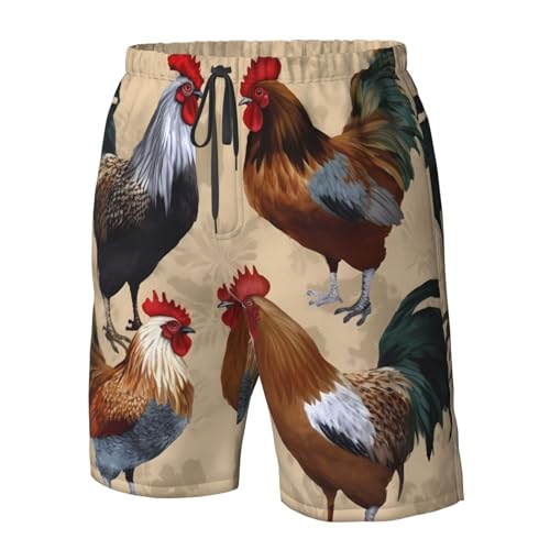 Rooster and Chicken Print Men's Swim Trunks Quick Dry Board Shorts with Pockets Casual Drawstring Beach Shorts4
