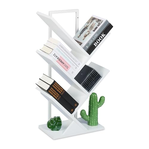 Relaxdays Estantería Libros, 4 Baldas, Librería Árbol, 71x40x21,5 cm, para CDs y DVDs, Salón, Despacho, Oficina, Blanco, Acero, Tablero de Fibras