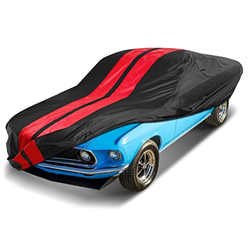 Image of iCarCover Custom Car Cover Compatible with Mustang 1969-1973, Waterproof All Weather Rain Snow UV Sun Protector Full Exterior Indoor Outdoor Car Covers, Stripe (Black /Red)