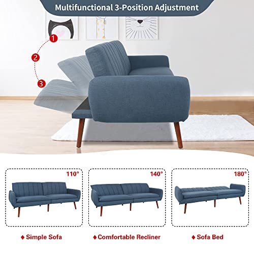 Miyzeal Sleeper Sofa Couch Bed, Mid-Century Convertible Sofa Modern Futon Couch, Upholstered Linen Loveseat With Split Backrest For Bedroom Apartment Office (Blue) #TOP3