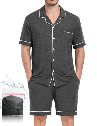 Image of Mens Pajamas Set Short Sleeve Sleepwear Button Down Loungewear Set Soft Modal 2Pcs Pj Set with Pockets S-3XL