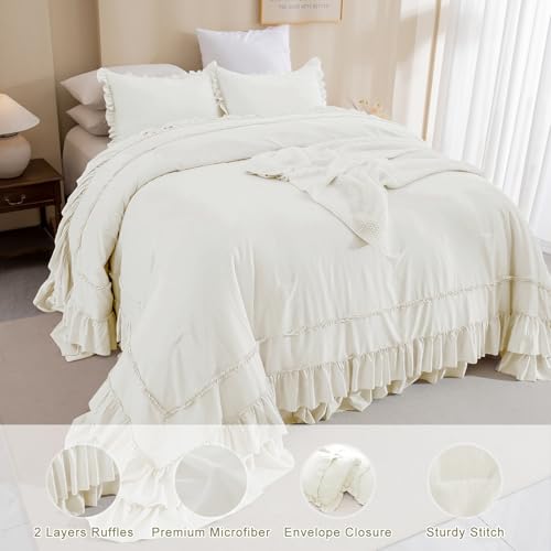 Image of QSH Oversized King Ruffle Comforter 128x120,3PCs Ivory Farmhouse Lightweight Ruffled Bed Comforter Set Soft Microfiber Shabby Boho Chic California King Bed Comforter Set French Country Bedding