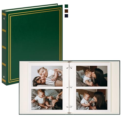 Image of Vienrose Photo Album Self Adhesive Leather Cover D Ring Binder Vintage Printed Photo Book fits 4x6 5x7 Memory Book with Blank Sticky Pages for Travel Wedding 50 Sheets / 100 Pages, Dark Green