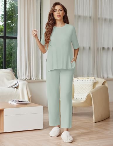 Image of Ekouaer Lounge Sets for Women Short Sleeve Tops and Long Pants Soft Comfy Pajamas Set 2 Piece Outfits