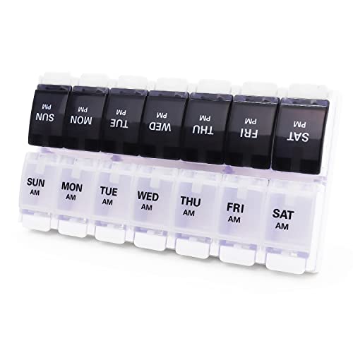 MOLN HYMY 7 Day Pill Organizer 2 Times a Day, Large Capacity Weekly Pill Box Twice Daily, AM PM Pill Case 14 Dividers BPA-Free Medicine Containers with Easy Push Button (Black White)