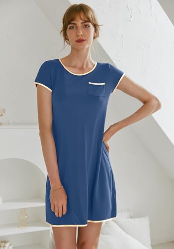 Image of Ekouaer Womens Nightgown Sleep Shirt Dress Satin Patchwork Short Sleeve Sleepwear with Pocket