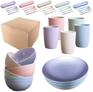 BOBOA 40Pcs Dinner Sets Reusable PP Plastic Cutlery Set -Eco Friendly,Colorful Plastic Dinnerware Sets Camping Sets Including Plates, Cups, Bowls, Forks,Spoon,Knives, Storage Box