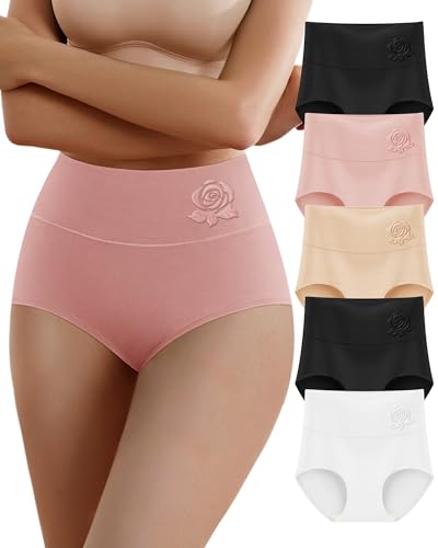 Women's Cotton Underwear High Waisted Comfortable Tummy Control Stretch Soft Full Coverage Breathable Briefs 5-6 Packs