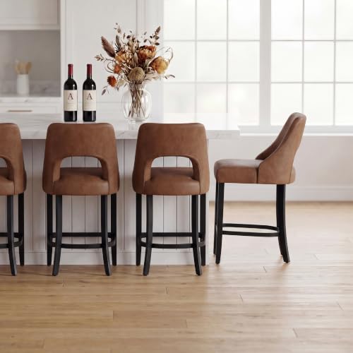 Image of UVV Bar Stools Set of 6, Modern Upholstered Counter Height Bar Stools, Faux Leather Counter Stools BarStools with Wood Legs for Kitchen Island Dining Room Bar, Brown
