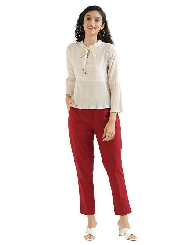 Image of SAADAA Women Cotton Pant Regular Slim Fit Mid Rise Trouser, Pocket Pants for Office School Formal Casual Daily Use