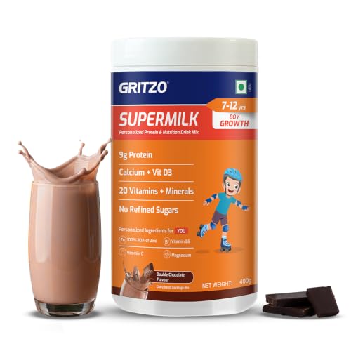 Gritzo SuperMilk Growth (7-12y Boys), 9g Protein Powder (Double Chocolate, 400g) | Zero Refined...