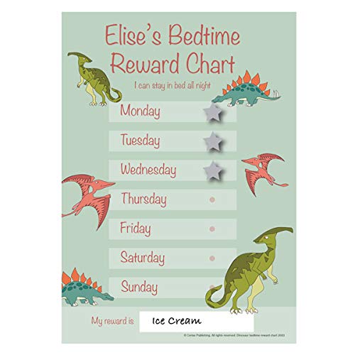 Customisable Boys or Girls Dinosaur Bedtime Reward Chart A4 durable re-usable reward chart with hook and loop fastening stars, for kids & toddlers at home or away. …