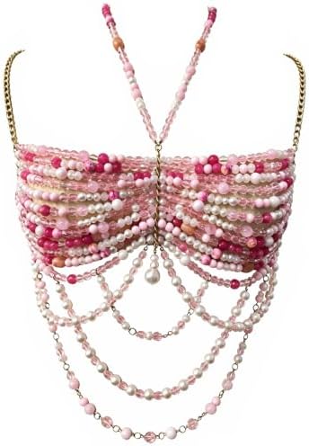 Beaded Body Chain Bra Top Festival Jewelry（light pink/lightblue） image 5