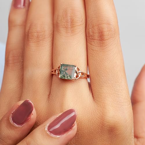2 Carat Princess Cut Solitaire Natural Moss Agate Engagement Ring 925 Sterling Silver Trinity Love Knot Celtic Ring Green Healing Gemstone Nature Jewelry Size 4 to 103