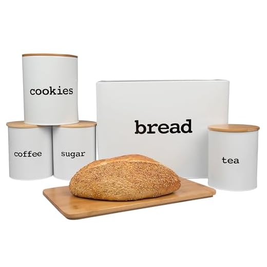 Stainless Steel Bread Box 8pc Set with Bamboo Cutting Board- Airtight Lids Keep Loafs, Tea, Sugar, Coffee, & Foods Fresher Longer- Breadbox holds 2 Loaves, Fits Easily on Kitchen Countertops & Shelves