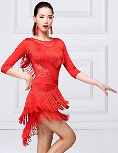 ZX Women's Latin Dance Dress Lace Neck 1/2 Sleeve High Low Fringe Salsa Tango Cha Cha Rumba Ballroom Dance Dress (Tag L, Red)